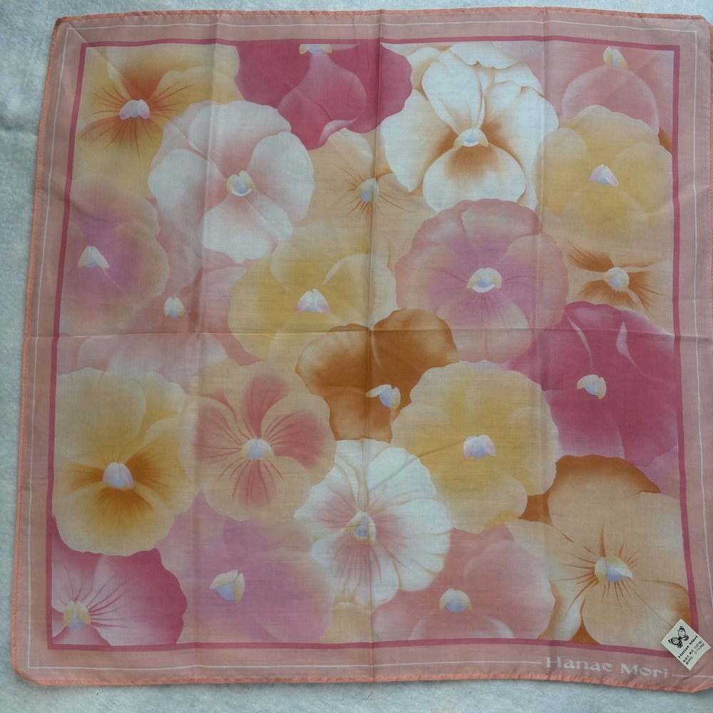HANAE MORI Scarf Handkerchief Pansy Floral Cotton Pink Orange Chic Accessory 17"